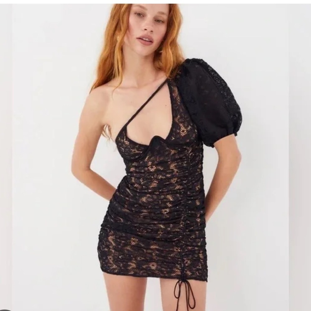 For Love And Lemons Halle One Shoulder Mini Dress Black Lace nude NWT S